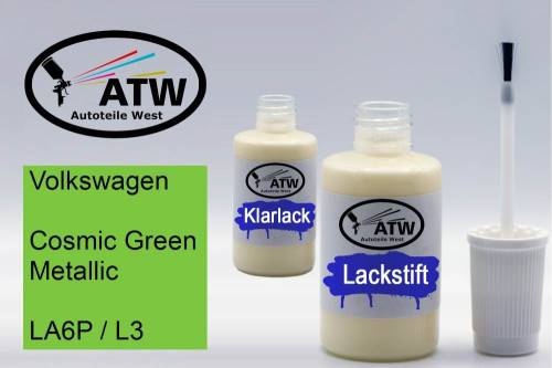 Volkswagen, Cosmic Green Metallic, LA6P / L3: 20ml Lackstift + 20ml Klarlack - Set, von ATW Autoteile West.